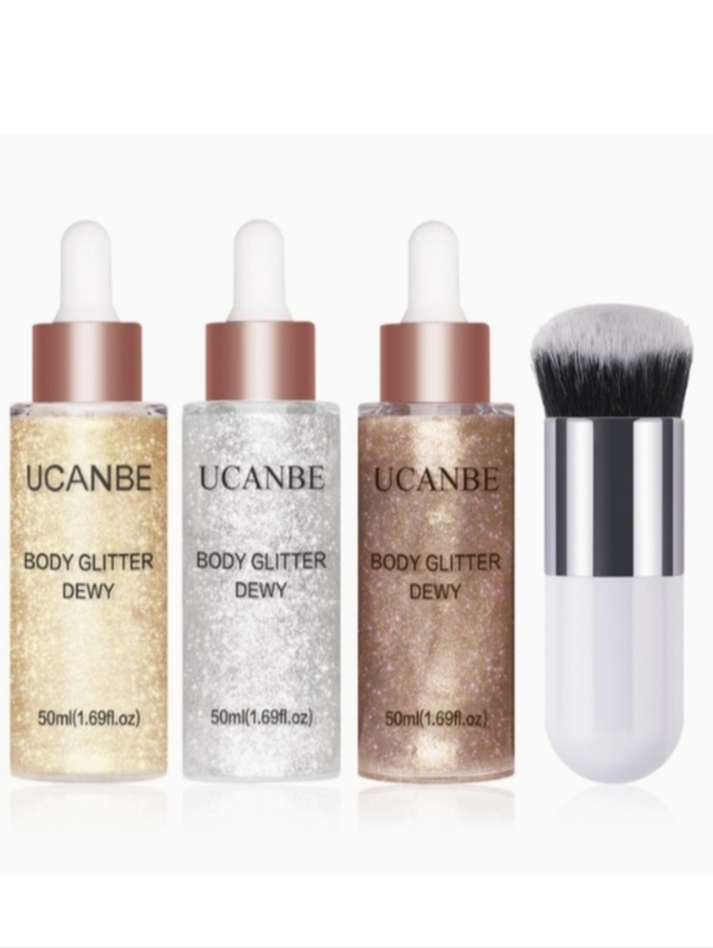 Face Body Glitter Liquid Highlighter Dewy Drops with Makeup Brush 50ml 3x